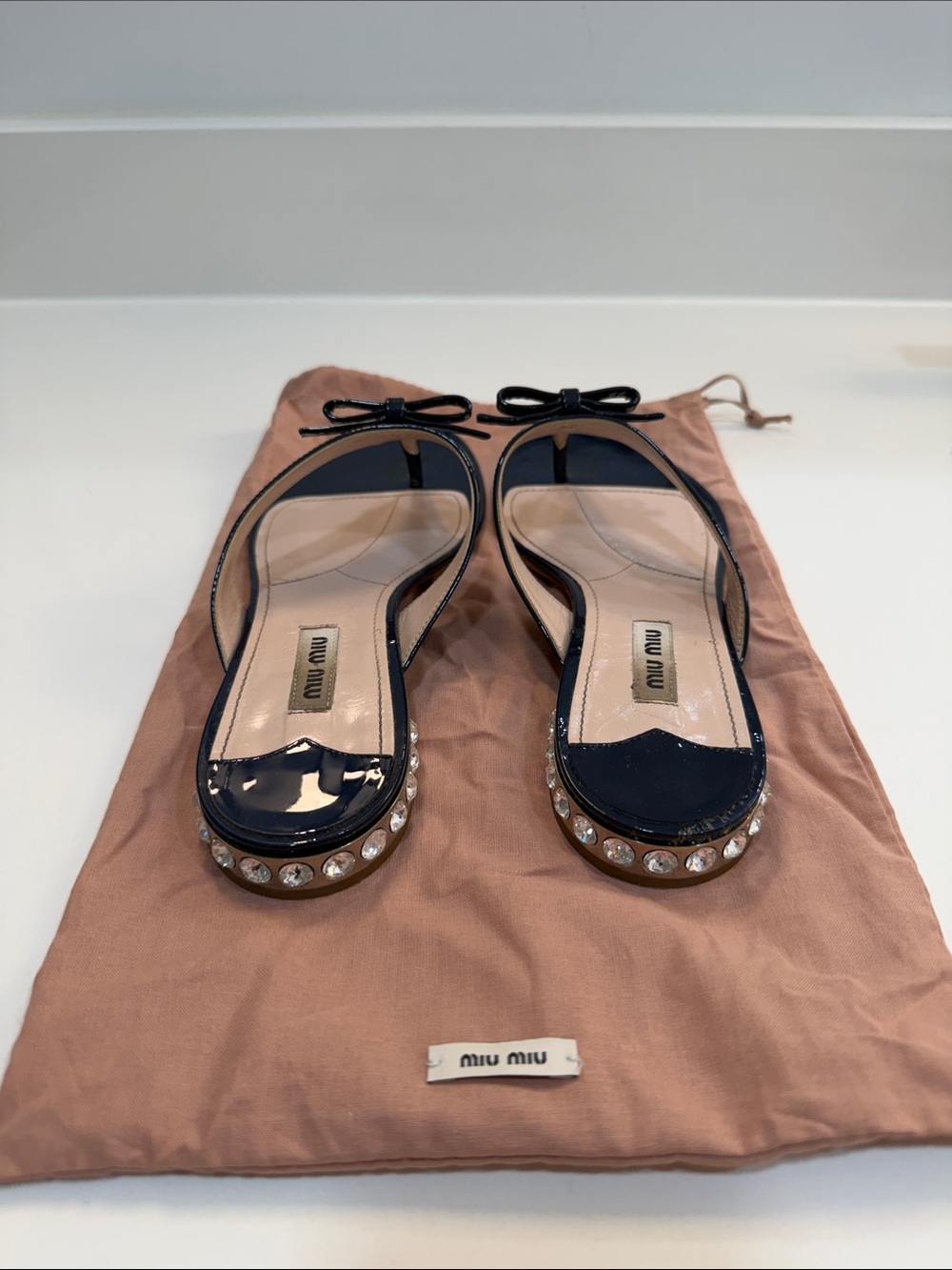 Miu Miu Navy Patent Bow Slingback Sandals with Crystal Trim